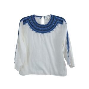 The Great. White Cotton Blouse With Blue Stitch Work Embroidery